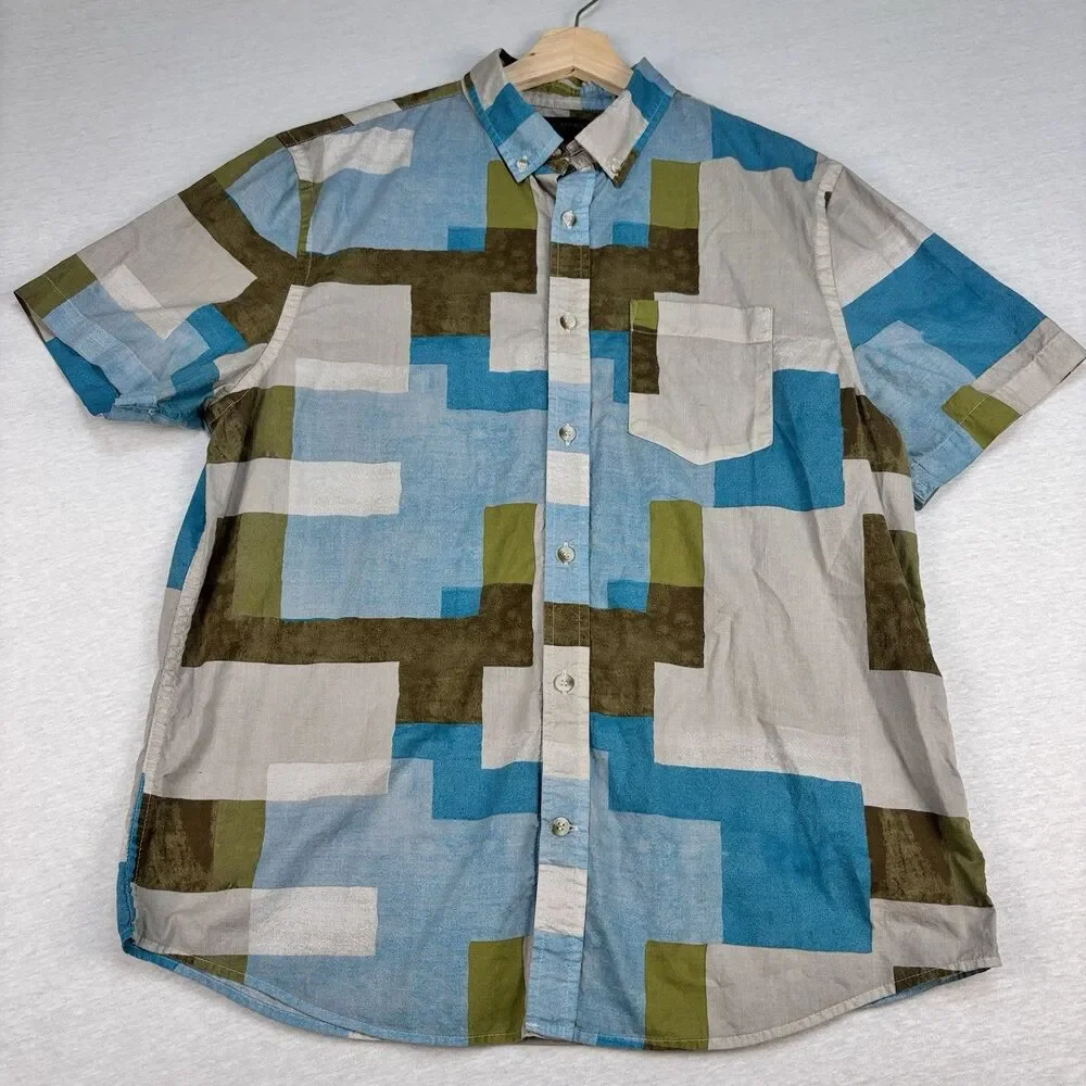 Banana Republic Shirt L Slim Fit Geometric Blocks Blue Green Brown